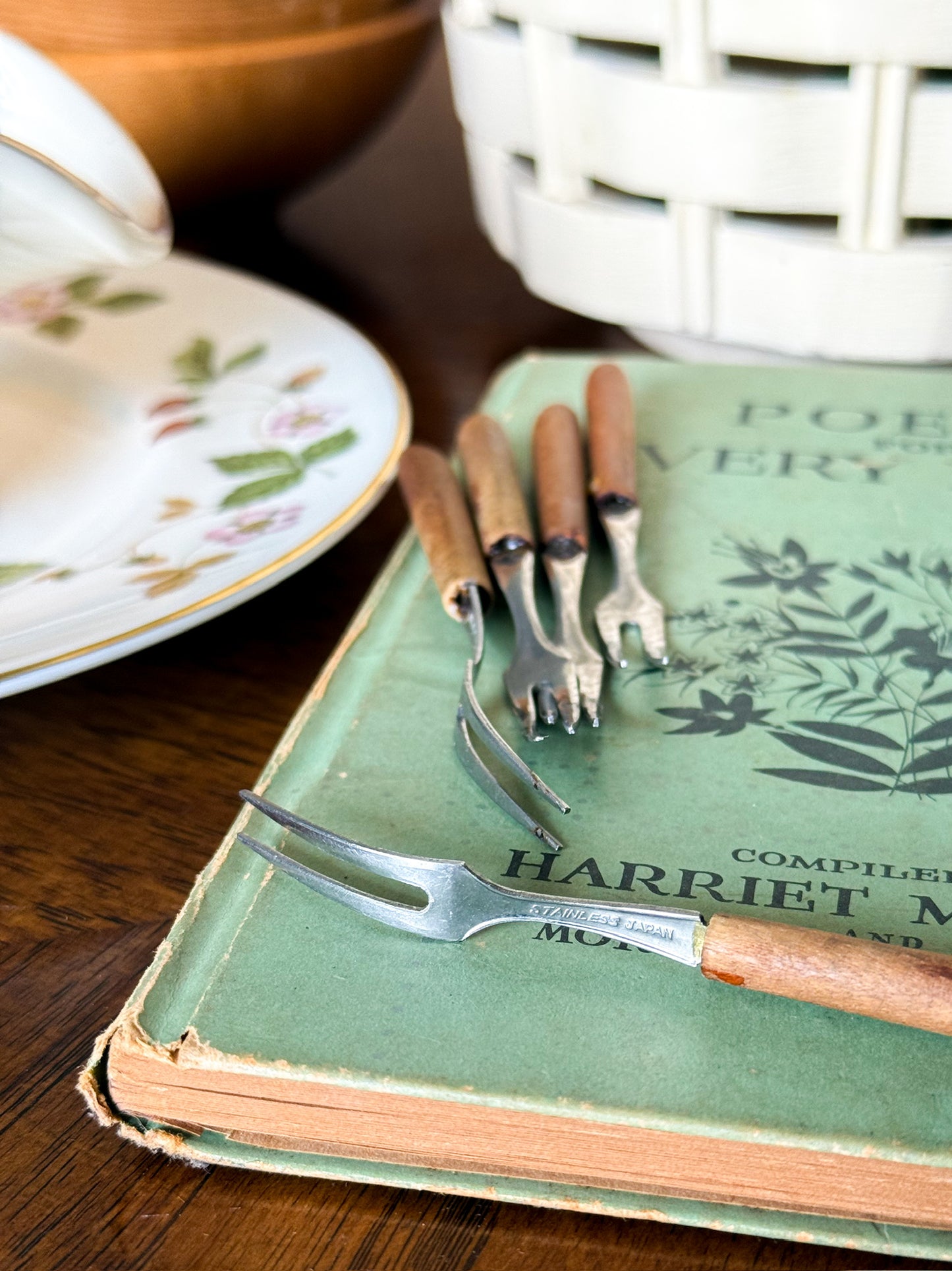 Ceramic Basket & Vintage Cheese Forks
