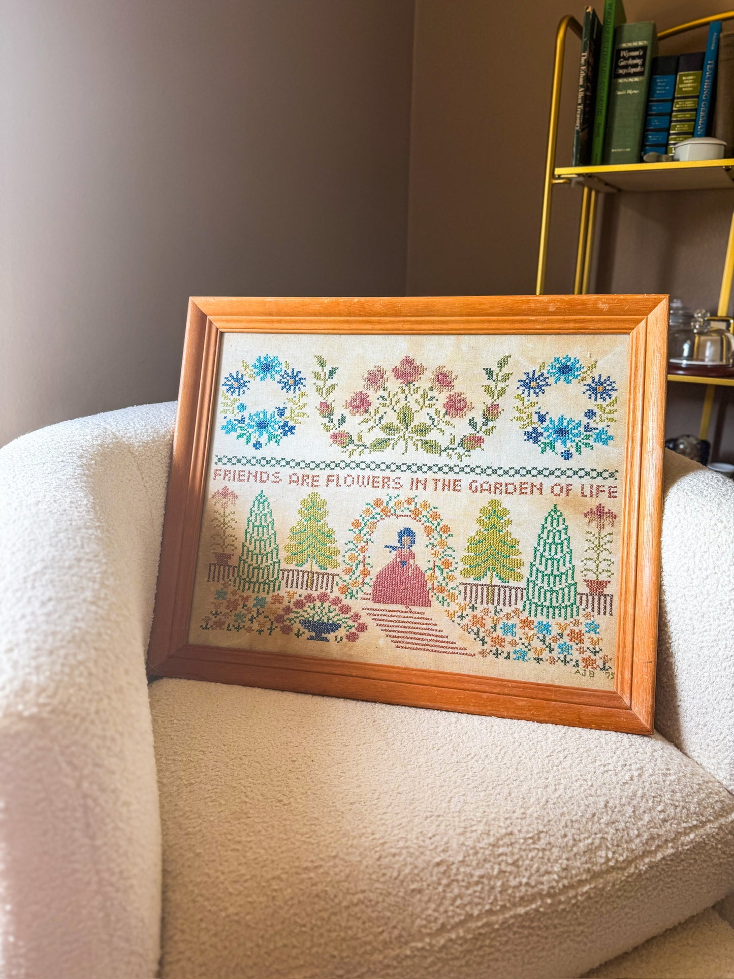 Vintage 1975 Cross-stitch Framed Garden Art