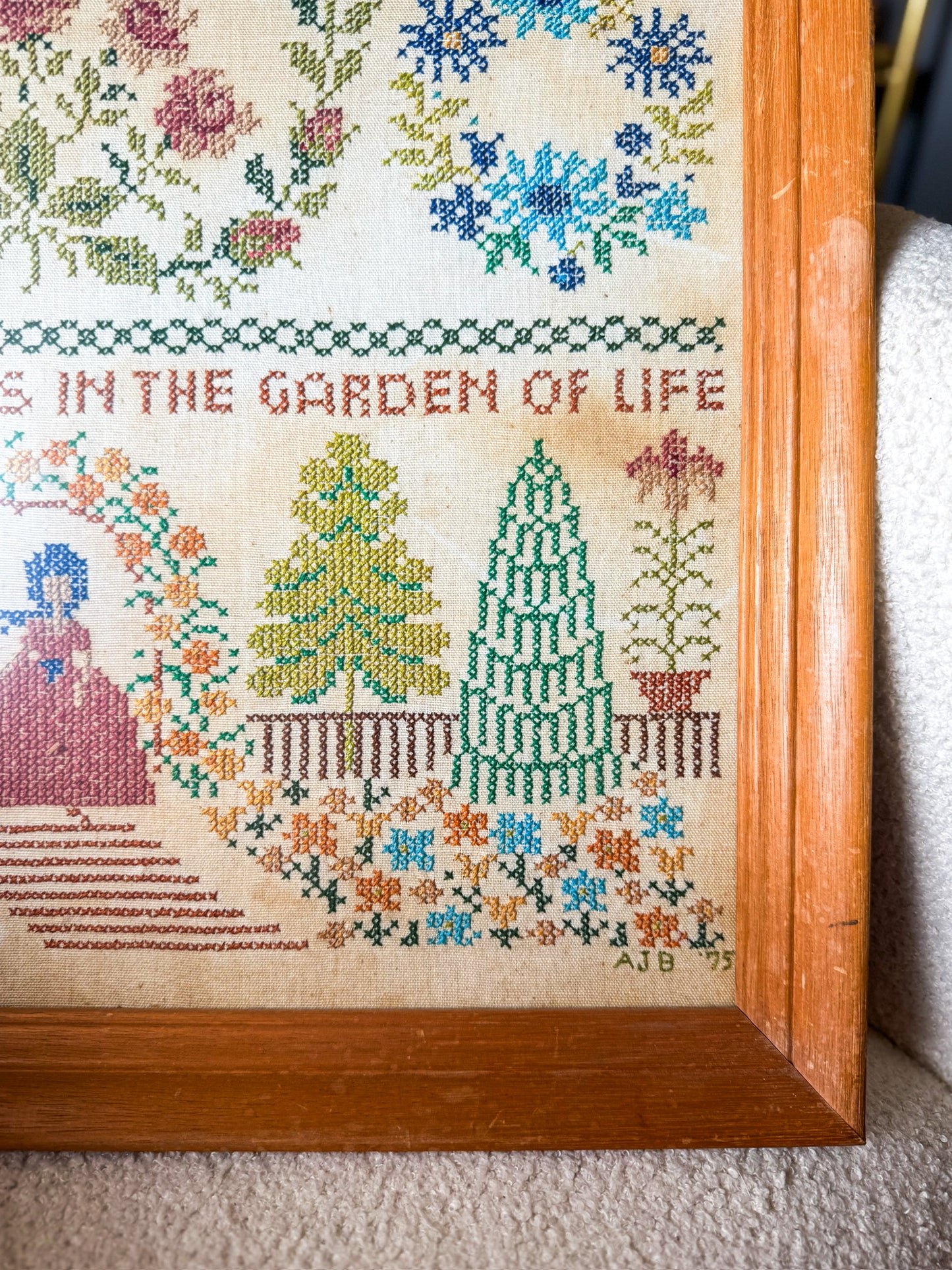 Vintage 1975 Cross-stitch Framed Garden Art
