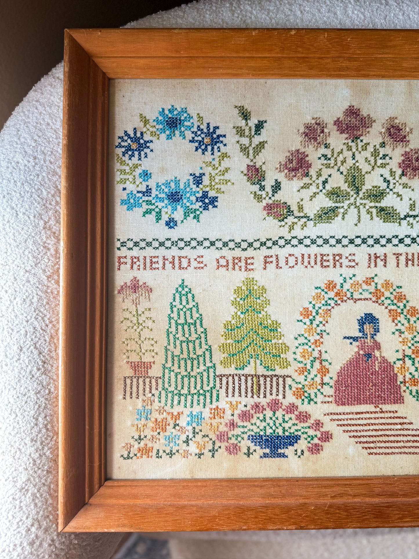 Vintage 1975 Cross-stitch Framed Garden Art