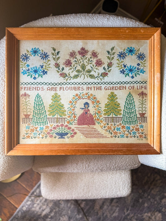 Vintage 1975 Cross-stitch Framed Garden Art