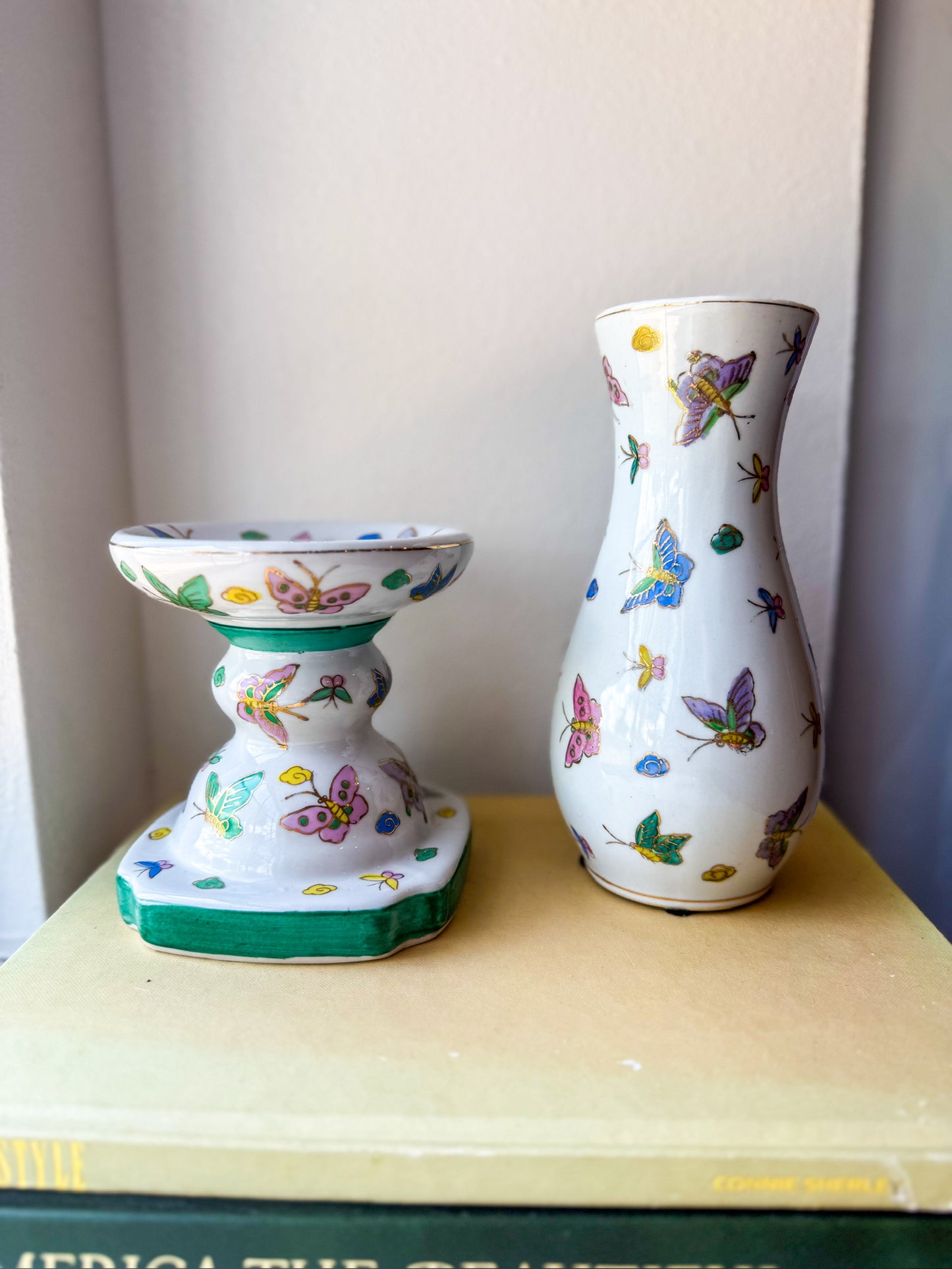 Vintage Chinese Butterfly Vase + Candle Holder