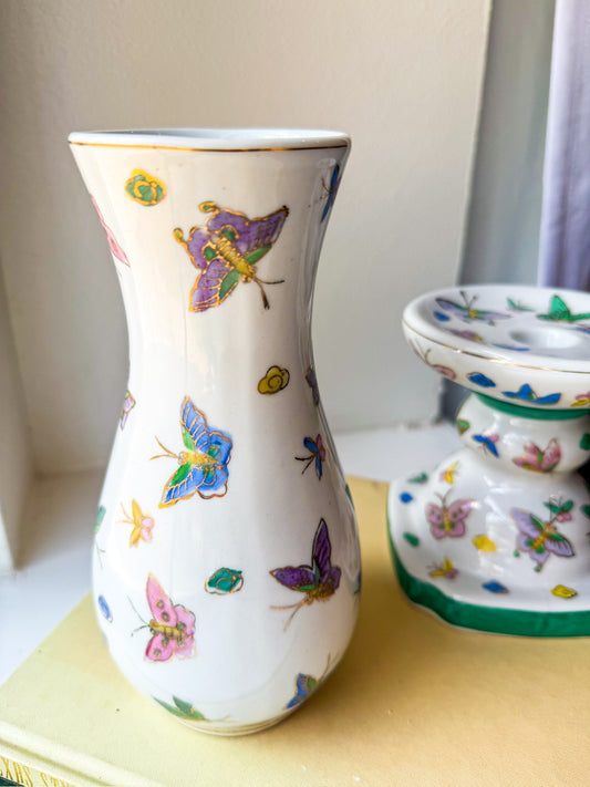 Vintage Chinese Butterfly Vase + Candle Holder