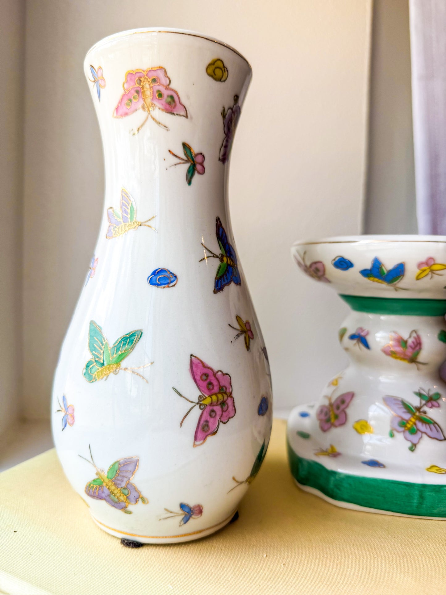 Vintage Chinese Butterfly Vase + Candle Holder