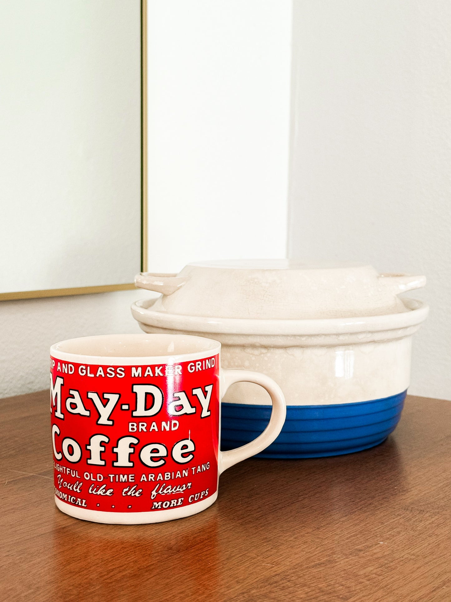 Blue Lidded Casserole Dish & May-Day Coffee Mug