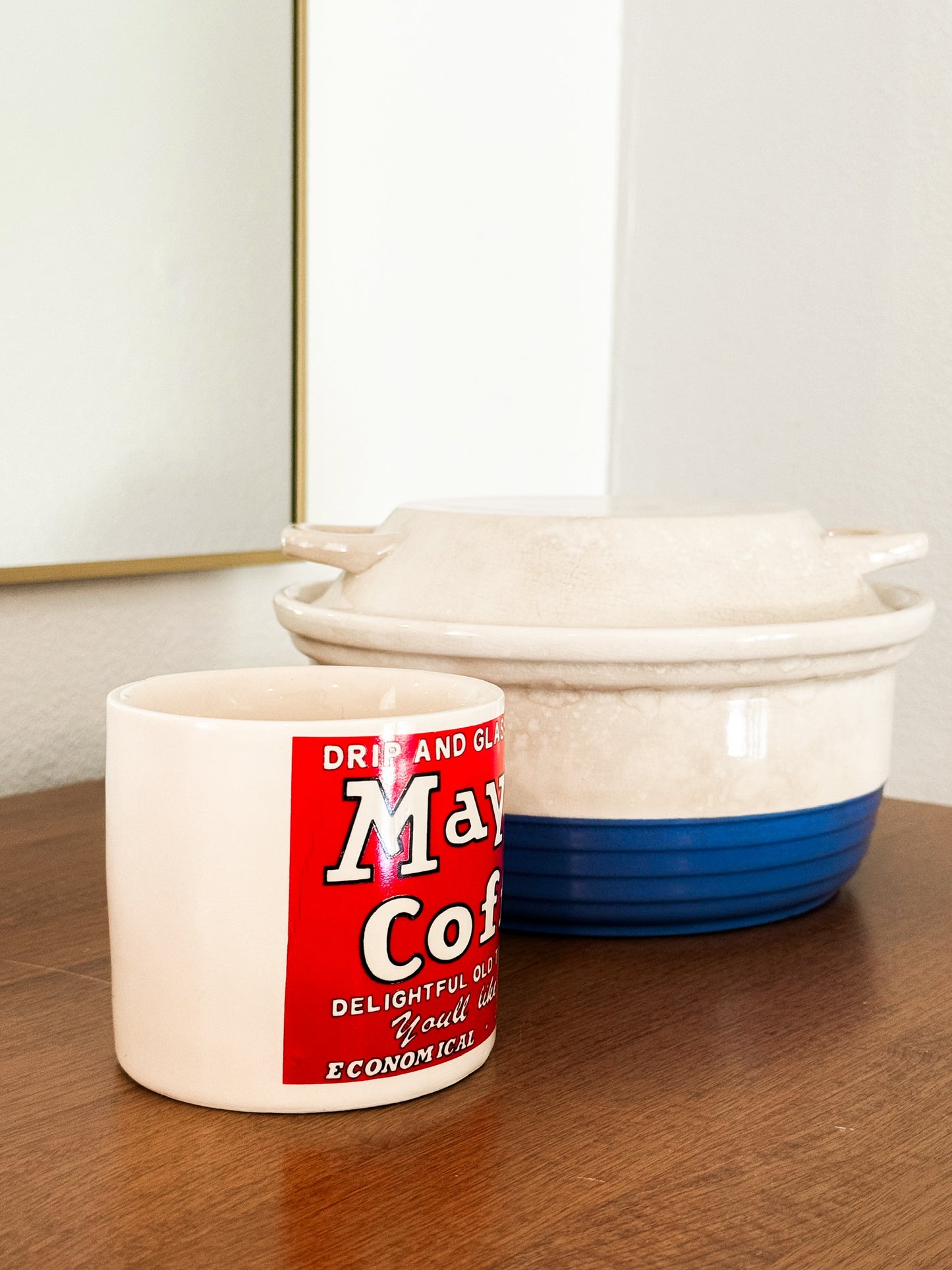 Blue Lidded Casserole Dish & May-Day Coffee Mug