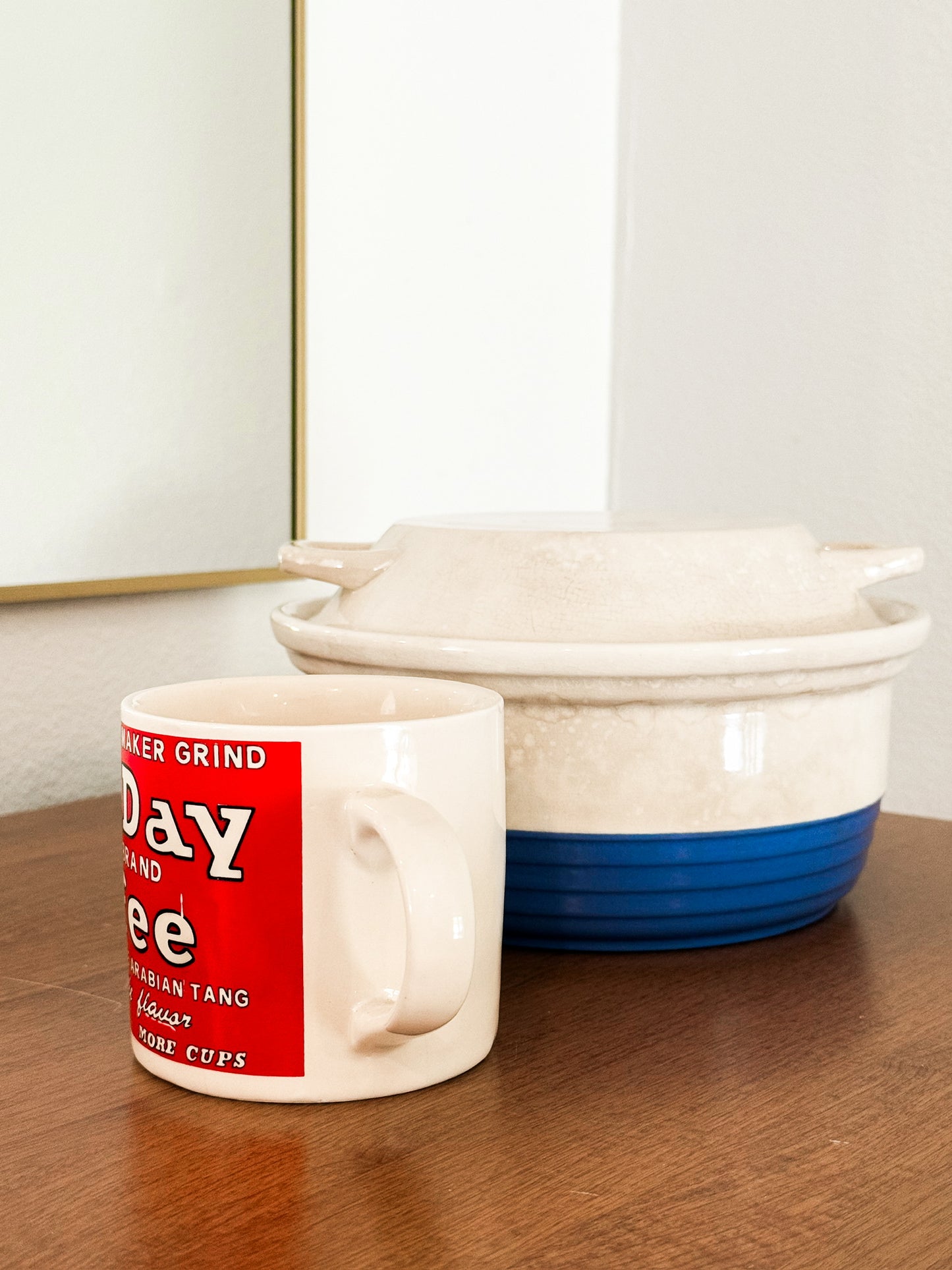 Blue Lidded Casserole Dish & May-Day Coffee Mug